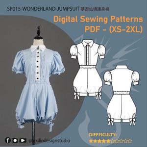 May include: A light blue jumpsuit with a white collar, short puff sleeves, and a button-down front. The garment features a gathered waist and leg openings with small bows. Includes digital sewing patterns labeled SP015-WONDERLAND-JUMPSUIT (XS-2XL).