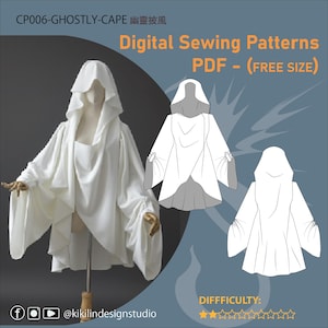 Patrón de capa con capucha fantasmal / Capa drapeada dramática (PDF, talla única) / Accesorio de cosplay gótico / Principiante seguro