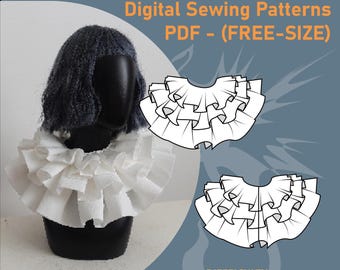 May include: A white multi-layered ruffled collar displayed on a black mannequin head. The image includes text: CL005-CLOWN-LAYERED-COLLAR, Digital Sewing Patterns PDF - (FREE-SIZE), and DIFFCULTY: two out of five stars. Includes two line art diagrams.