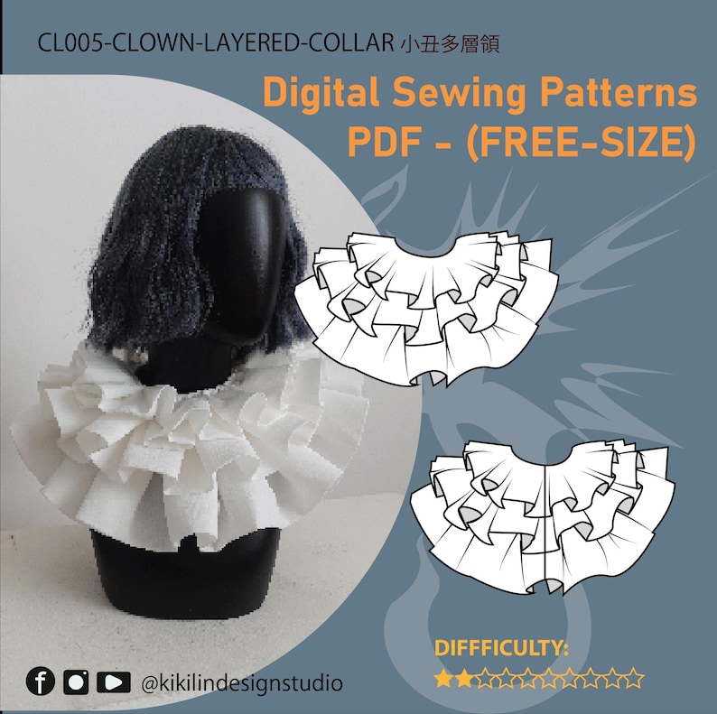 May include: A white multi-layered ruffled collar displayed on a black mannequin head. The image includes text: CL005-CLOWN-LAYERED-COLLAR, Digital Sewing Patterns PDF - (FREE-SIZE), and DIFFCULTY: two out of five stars. Includes two line art diagrams.
