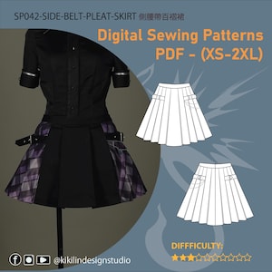 May include: A digital sewing pattern for a side-belt pleated skirt, labeled SP042-SIDE-BELT-PLEAT-SKIRT. The image displays a black shirt and a purple plaid pleated skirt with side belts, alongside technical line drawings of the skirt design.