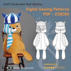May include: A digital sewing pattern for a 130cm tall zombie bear plush toy. The image displays a finished tan plush bear with a blue and white striped hat and torso patch, alongside a black and white line drawing of the front and back views.