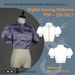 Könnte beinhalten: Eine violette kurzärmelige Bluse mit Puffärmeln, Kragen und Knopfleiste vorne. Das Bild enthält technische Strichzeichnungen der Vorder- und Rückseite der Bluse mit dem Text TP028-SHORT-BLOUSE-WITH-PUFF-SLEEVES und Digital Sewing Patterns PDF - (XS-2XL).