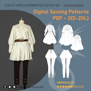 May include: A digital sewing pattern set for a witch apprentice outfit, labeled COS127-WITCH-APPRENTICE-OUTFIT-SET. Includes a cream-colored long-sleeve tunic with buttons, a brown belt, and dark brown pants, alongside technical line drawings.
