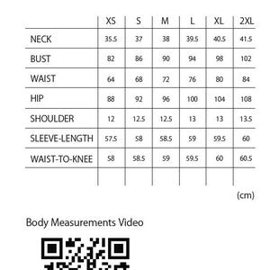 May include: Size chart for clothing with measurements in inches for neck, bust, waist, hip, shoulder, sleeve length, and waist to knee. The chart includes sizes XS, S, M, L, XL, and 2XL.