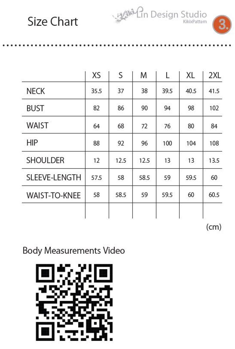 May include: Size chart for clothing with measurements in inches for neck, bust, waist, hip, shoulder, sleeve length, and waist to knee. The chart includes sizes XS, S, M, L, XL, and 2XL.