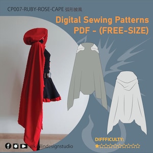 Op de afbeelding: Een digitaal naaipatroon voor een robijnrode cape met capuchon, gelabeld CP007-RUBY-ROSE-CAPE. De afbeelding toont een rode cape op een paspop, naast twee grijze technische lijntekeningen van het ontwerp, met tekst die PDF en FREE-SIZE aangeeft.