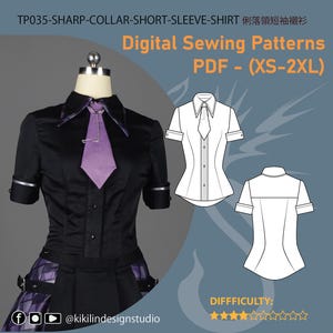 Op de afbeelding: Een zwart shirt met korte mouwen, een scherpe kraag en een paarse das, getoond op een paspop naast een digitale naaipatroonillustratie met het label TP035-SHARP-COLLAR-SHORT-SLEEVE-SHIRT. Het patroon toont voor- en achteraanzichten voor de maten XS-2XL.