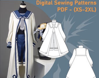 May include: A white and navy blue sailor costume set with a long coat, pants, and a tie. The image also includes digital sewing patterns in PDF format, available in sizes XS-2XL. The text "Digital Sewing Patterns" is displayed.