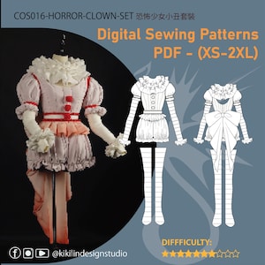 Horror Clown Cosplay Muster-Set | 5-in-1 Top, Kragen & Pumphose PDF (XS-2XL) | Graphische Anleitung inkludiert