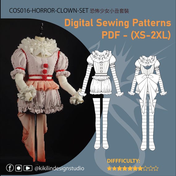 Horror Clown Cosplay Pattern Set | 5-in-1 Top, Collar & Bloomers PDF (XS-2XL) | Graphic Instructions Included