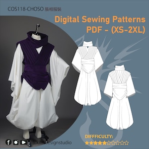 Anime Cosplay Sewing Pattern | Pleated Vest, Hakama & Robe (XS-2XL) (PDF Pattern)| Graphic Instructions Included