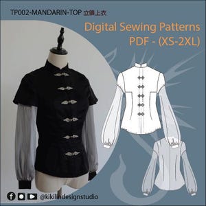 Mandarin Collar Blouse Pattern | Qipao-Inspired Top PDF (XS-2XL) | 2 Sleeve Options