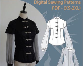 Digitaal naaipatroon | Mandarijnblouse (maten XS-2XL) | Twee mouwopties