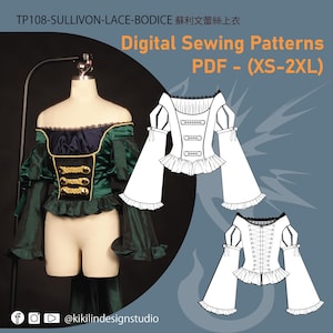 Digital Sewing Pattern | Lace Bodice Top with Flared Sleeves & Ruffle Trim (XS–2XL) | PDF Costume Sewing Pattern