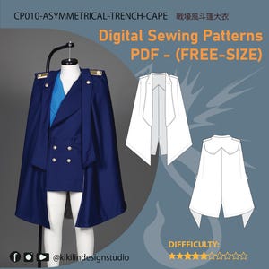 Könnte beinhalten: Ein digitales Schnittmuster für einen asymmetrischen Trench-Cape, beschriftet mit CP010-ASYMMETRICAL-TRENCH-CAPE. Das Bild zeigt ein blaues Cape mit goldenen Knöpfen über einer blauen Weste sowie weiße Strichzeichnungen der Vorder- und Rückansicht.