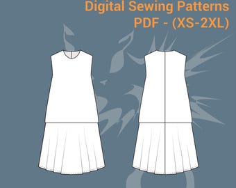 Digital Sewing Pattern | Dropped Waist Dress (Sizes XS-2XL) | Beginner Friendly