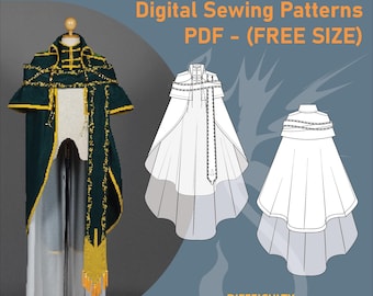 Fantasy Royal Herald Cape Pattern | Two-Layer High Collar Cloak Free Size PDF | Cosplay or Theatrical Costume Digital Pattern