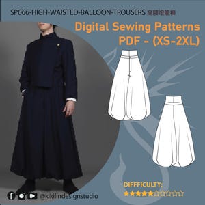 Mönster för ballongbyxor med hög midja | Vida ben Sorcerer Hakama-byxor PDF (XS-2XL) | Illustrerade grafiska instruktioner | A4 N A0 Plotter