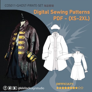 Piraten-Kostüm-Muster-Bundle | 4-in-1 PDF Mantel, Hose, Hemd & Mütze (XS-2XL) | Renaissance Faire Cosplay Digital Pattern