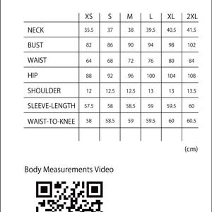 May include: Size chart for clothing with measurements in centimeters for neck, bust, waist, hip, shoulder, sleeve length, and waist to knee. The chart includes sizes XS, S, M, L, XL, and 2XL.