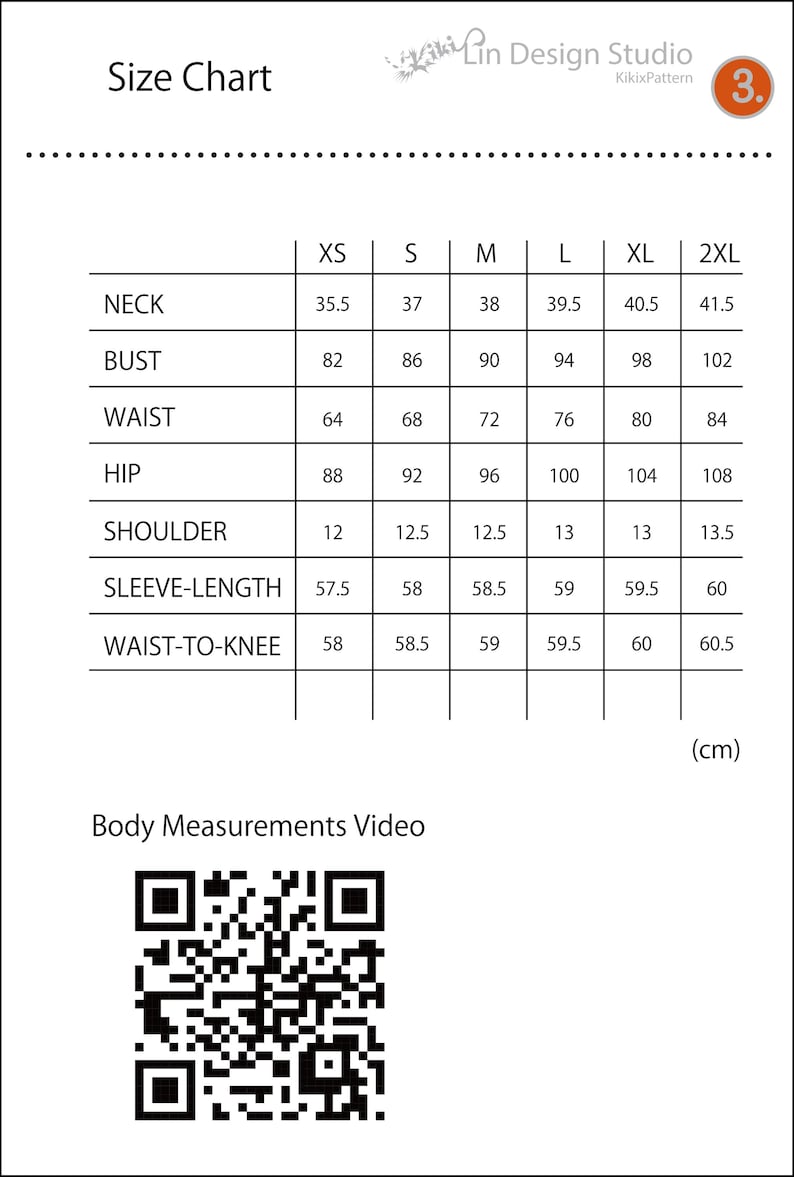 May include: Size chart for clothing with measurements in centimeters for neck, bust, waist, hip, shoulder, sleeve length, and waist to knee. The chart includes sizes XS, S, M, L, XL, and 2XL.