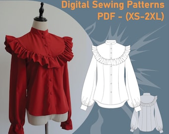 Prairie Ruffle Blouse Sewing Pattern | Vintage Cottagecore Shirt PDF (XS-2XL) | Step-by-Step Graphic Instructions | A4 n A0 Plotter