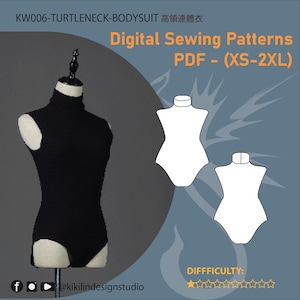 May include: A black sleeveless turtleneck bodysuit displayed on a mannequin, accompanied by two white line-art technical sketches of the garment. The text reads KW006-TURTLENECK-BODYSUIT, Digital Sewing Patterns PDF - (XS-2XL), and DIFFICULTY.