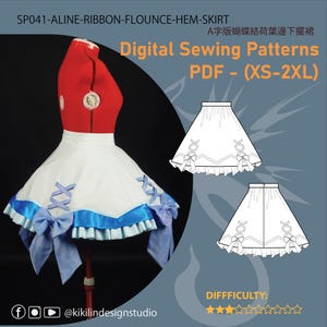 May include: A white and blue skirt with ribbon and flounce hem, displayed on a mannequin. The skirt has blue ribbon accents and bows. The image includes the text "Digital Sewing Patterns PDF - (XS-2XL)" and the difficulty level.