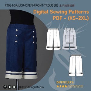 Op de afbeelding: Digitaal naaipatroon voor PT034-SAILOR-OPEN-FRONT-TROUSERS, beschikbaar in maten XS-2XL. De afbeelding toont een donkerblauwe broek met witte boorden en zes zilveren knopen, naast technische lijntekeningen van de voor- en achterkant.