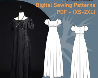 May include: A black floor-length dress with puff sleeves and an empire waistline, displayed alongside a white technical line drawing of the front and back views of the same garment. Text reads: DR138-WITCH-EMPIRELINE-DRESS-WITH-PUFF-SLEEVES, Digital Sewing Patterns PDF - (XS-2XL), and @kikilindesignstudio.