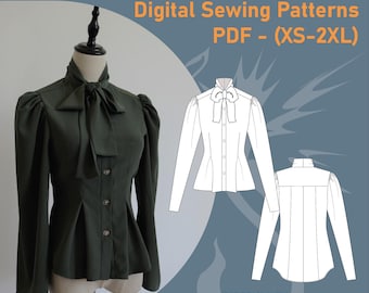 Tie-Neck Blouse Sewing Pattern | Vintage Pussy-Bow High-Neck Shirt PDF (XS-2XL) | Step-by-Step Graphic Instructions | A4 & A0 Plotter