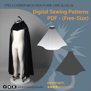 Peut inclure: Une cape noire à col ras du cou évasée présentée sur un mannequin, accompagnée d'illustrations de patrons de couture numériques. Le texte indique CP012-CHOKER-NECK-HIGH-FLARE-CAPE, Digital Sewing Patterns PDF - (Free-Size) et DIFFICULTY: avec des étoiles.
