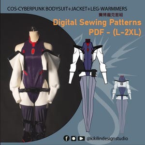デジタル裁縫パターン | ボディスーツ＆ジャケット（サイバーパンク風、サイズL～2XL） | 無料レッグウォーマーパターン | ビデオ裁縫チュートリアル