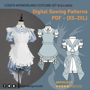 May include: Digital sewing patterns for a light blue and white costume set, including a dress with a collared bodice, puffed sleeves, and a ruffled apron. The PDF includes sizes XS-2XL, with technical illustrations showing front and back views.