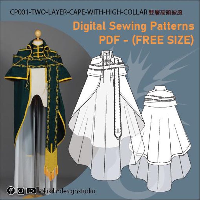 Fantasy Royal Herald Cape Pattern | Two-layer High Collar Cloak Free ...