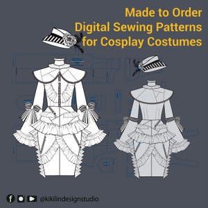 Op de afbeelding: Een digitaal naaipatroon voor een cosplaykostuum. Het patroon bevat een jurk met een geruite rok, een jasje met een kraag en een hoed. Het patroon is beschikbaar om te downloaden. Made to Order Digital Sewing Patterns for Cosplay Costumes. @kikilindesignstudio