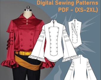 May include: A red long-sleeve shirt with a high collar, double-breasted button front, and ruffled cuffs, displayed on a mannequin alongside technical line drawings labeled TP100-KNIGHTLY-SHIRT and Digital Sewing Patterns PDF - (XS-2XL).