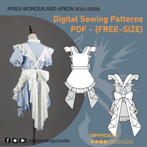 May include: A light blue dress with a white ruffled apron featuring a large back bow. The image includes the text AP003-WONDERLAND-APRON, Digital Sewing Patterns PDF - (FREE-SIZE), and a technical line drawing of the apron design.