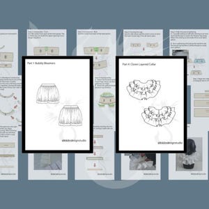 May include: A sewing pattern guide with detailed instructions and diagrams. The guide includes illustrations for "Bubbly Bloomers" and a "Clown Layered Collar". The background is a light blue with a floral design.