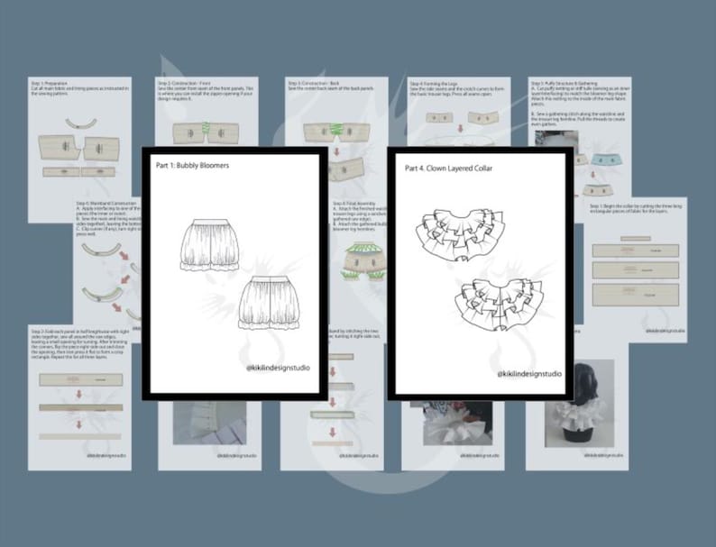 May include: A sewing pattern guide with detailed instructions and diagrams. The guide includes illustrations for "Bubbly Bloomers" and a "Clown Layered Collar". The background is a light blue with a floral design.