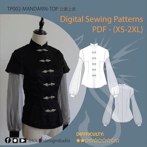 Patrón de blusa de cuello mandarín / Top inspirado en qipao (PDF, tallas XS-2XL) / 2 opciones de manga