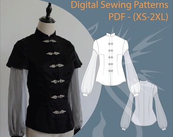 Mandarin Collar Blouse Sewing Pattern PDF (XS-2XL) | 2 Sleeve Styles & Graphic Guide | A4 n A0 Plotter