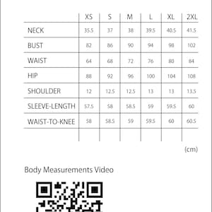 May include: A size chart with body measurements in centimeters, including neck, bust, waist, hip, shoulder, sleeve length, and waist-to-knee measurements. Sizes range from XS to 2XL. A QR code links to a body measurements video.