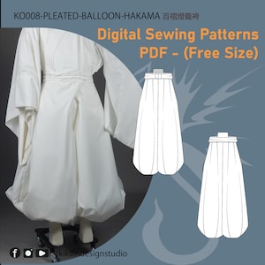 May include: A white pleated balloon hakama garment with wide sleeves and a tied waist, accompanied by digital sewing pattern illustrations labeled KO008-PLEAT-BALLOON-HAKAMA and Digital Sewing Patterns PDF - (Free Size) on a dark blue background.