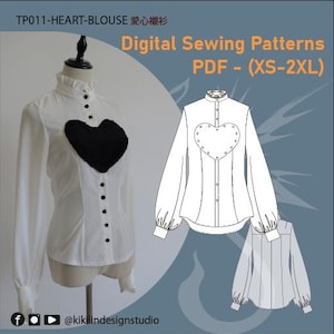 May include: A digital sewing pattern for a white blouse with a black heart detail. The pattern includes sizes XS-2XL. The pattern is called "TP011-HEART-BLOUSE 愛心襯衫" and is available as a PDF download.