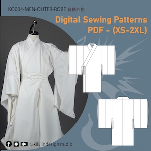 Puede incluir: Una bata blanca con mangas anchas se muestra en un maniquí. La imagen también incluye un dibujo lineal de la bata y el texto "Digital Sewing Patterns PDF - (XS-2XL)". La bata tiene un diseño envolvente y una faja.