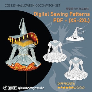 May include: A digital sewing pattern set for a witch costume, labelled COS125-HALLOWEEN-COCO-WITCH-SET. It includes a dress with a light blue swirling pattern, a gold bodice, and an orange ruffled hem, plus a matching pointed hat with yellow tassels.