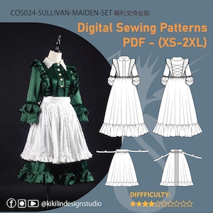 Peut inclure: Patrons de couture numériques pour un ensemble Sullivan Maiden, format PDF, tailles XS-2XL. L'image montre une robe verte et blanche avec une jupe et des manches à volants. Le niveau de difficulté est indiqué par des étoiles.