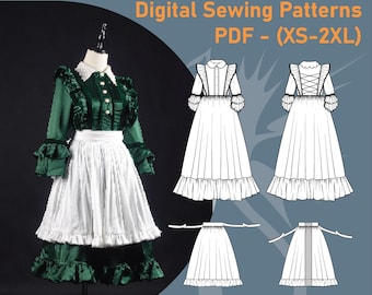 May include: Digital sewing patterns for a Sullivan Maiden set, PDF format, sizes XS-2XL. The image shows a green and white dress with a ruffled skirt and sleeves. The difficulty level is indicated by stars.